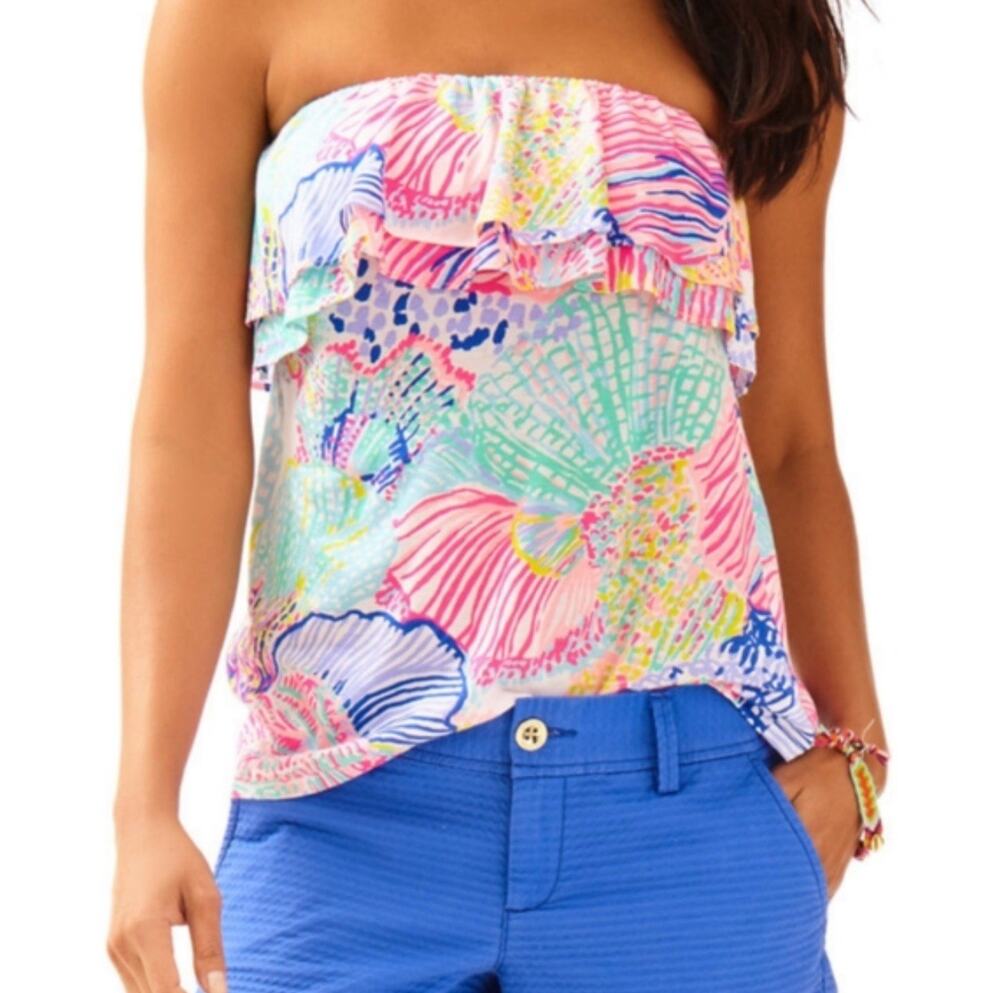 Lilly Pulitzer Rilo Pink Purple Floral Strapless Ruffle Tube Top Size Womens XS